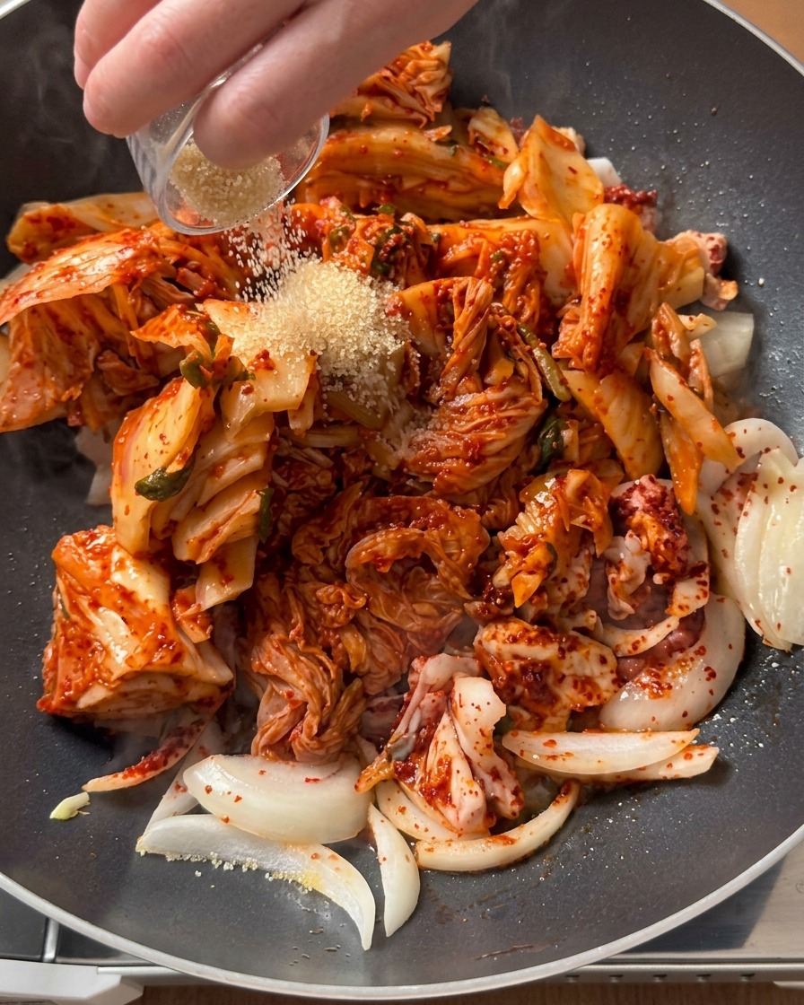 Sucre brut saupoudré depuis un petit récipient sur le mélange de kimchi et de porc dans la poêle.