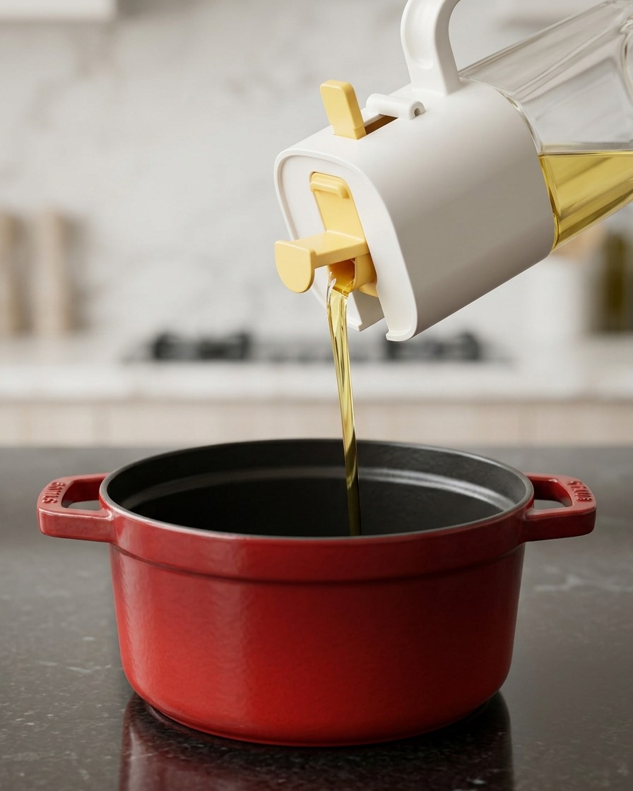 Versement dhuile de cuisson jaune depuis un flacon dans une marmite rouge sur la cuisinière.