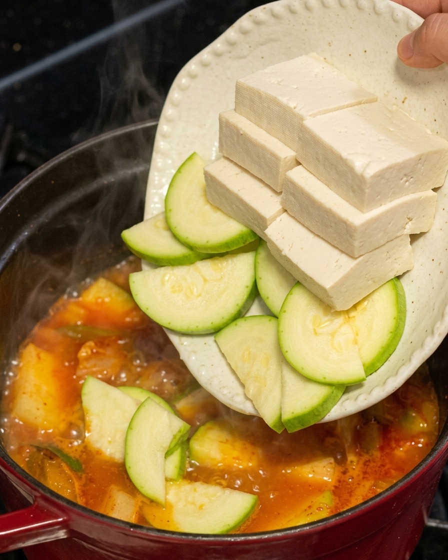 Glissement de rectangles épais de tofu et de demi-lunes de courgette verte depuis une assiette dans le ragoût de kimchi rouge bouillant.