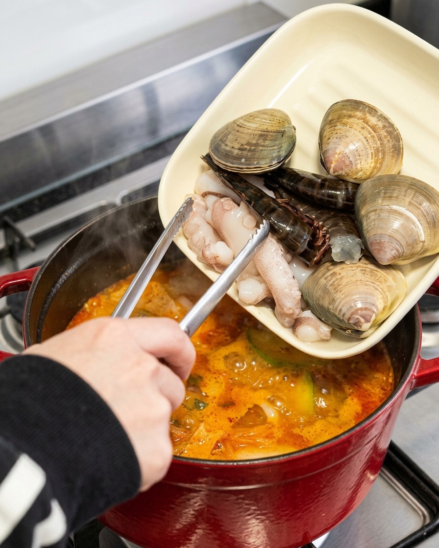 Utilisation de pinces pour ajouter des palourdes crues, des crevettes entières et des tentacules de poulpe depuis une assiette carrée dans un ragoût bouillonnant.
