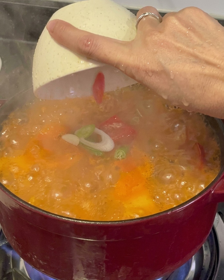 Oignons verts et morceaux de piment rouge fraîchement émincés parsemés depuis un bol blanc sur un ragoût de kimchi rouge fumant et bouillonnant.