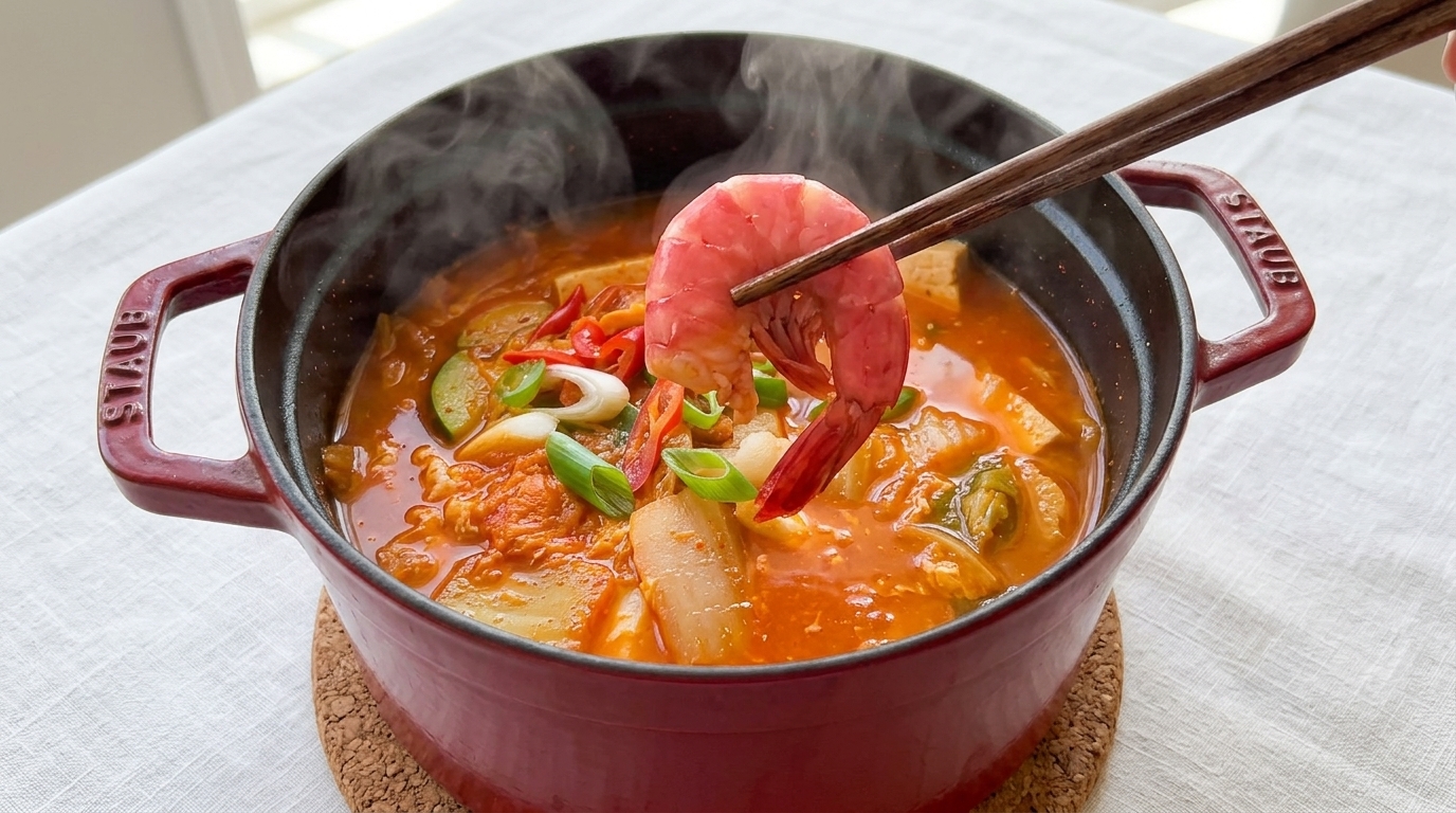 Marmite réconfortante de fruits de mer au kimchi (Kimchi Jjigae)