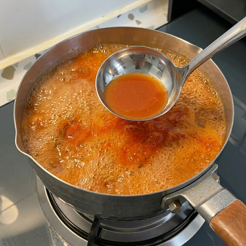 Une louche en métal ramassant lécume rouge-orangé à la surface dun ragoût coréen bouillonnant.