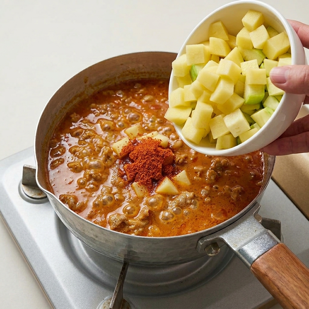 Des dés de pommes de terre et de courgettes crues ajoutés depuis un bol en céramique blanche dans un ragoût rouge bouillonnant.