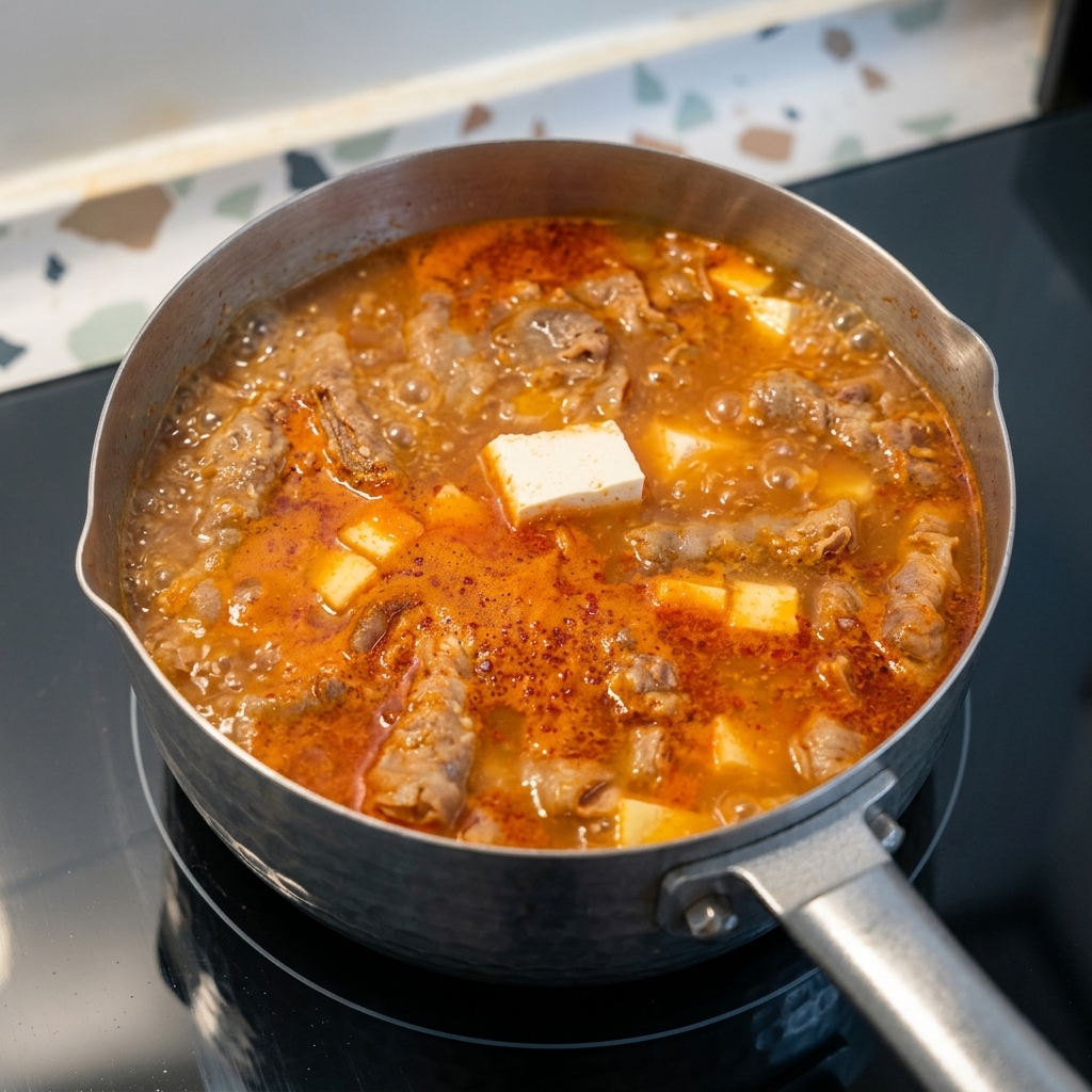 Des morceaux rectangulaires de tofu blanc mijotant aux côtés de légumes dans un ragoût coréen orange à la pâte de soja.