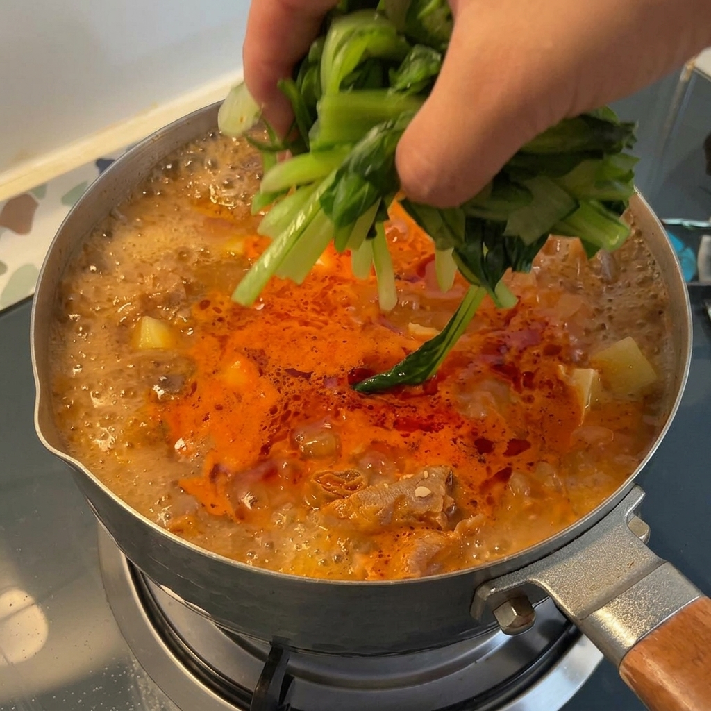 Une main déposant un bouquet de bok choy blanchi dun vert éclatant dans une marmite de ragoût rouge en ébullition.