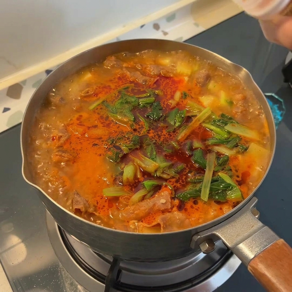 Une main saupoudrant de lassaisonnement de bœuf en poudre marron dans une marmite de ragoût coréen bouillonnant rempli de légumes verts.