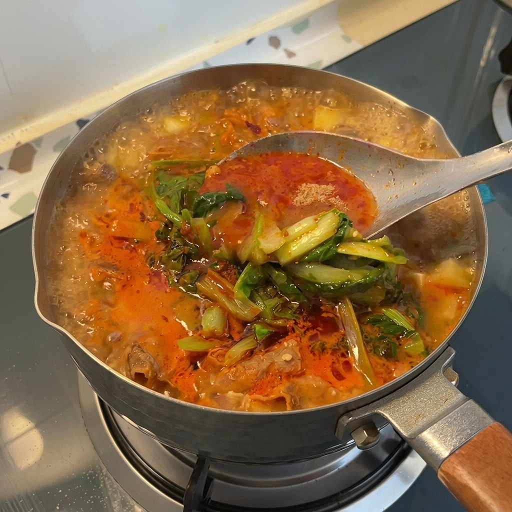 Une grande cuillère en métal remuant une marmite bouillonnante de ragoût coréen à la pâte de soja recouvert de légumes verts et dhuile pimentée.