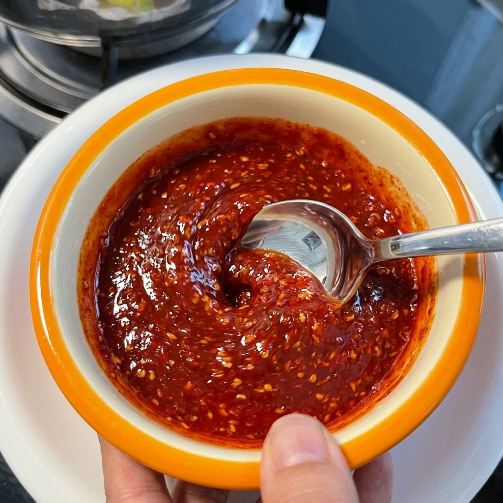 Une cuillère mélangeant une sauce au piment rouge vif et brillante, parsemée de graines de sésame blanc, dans un petit bol en céramique à bord orange.