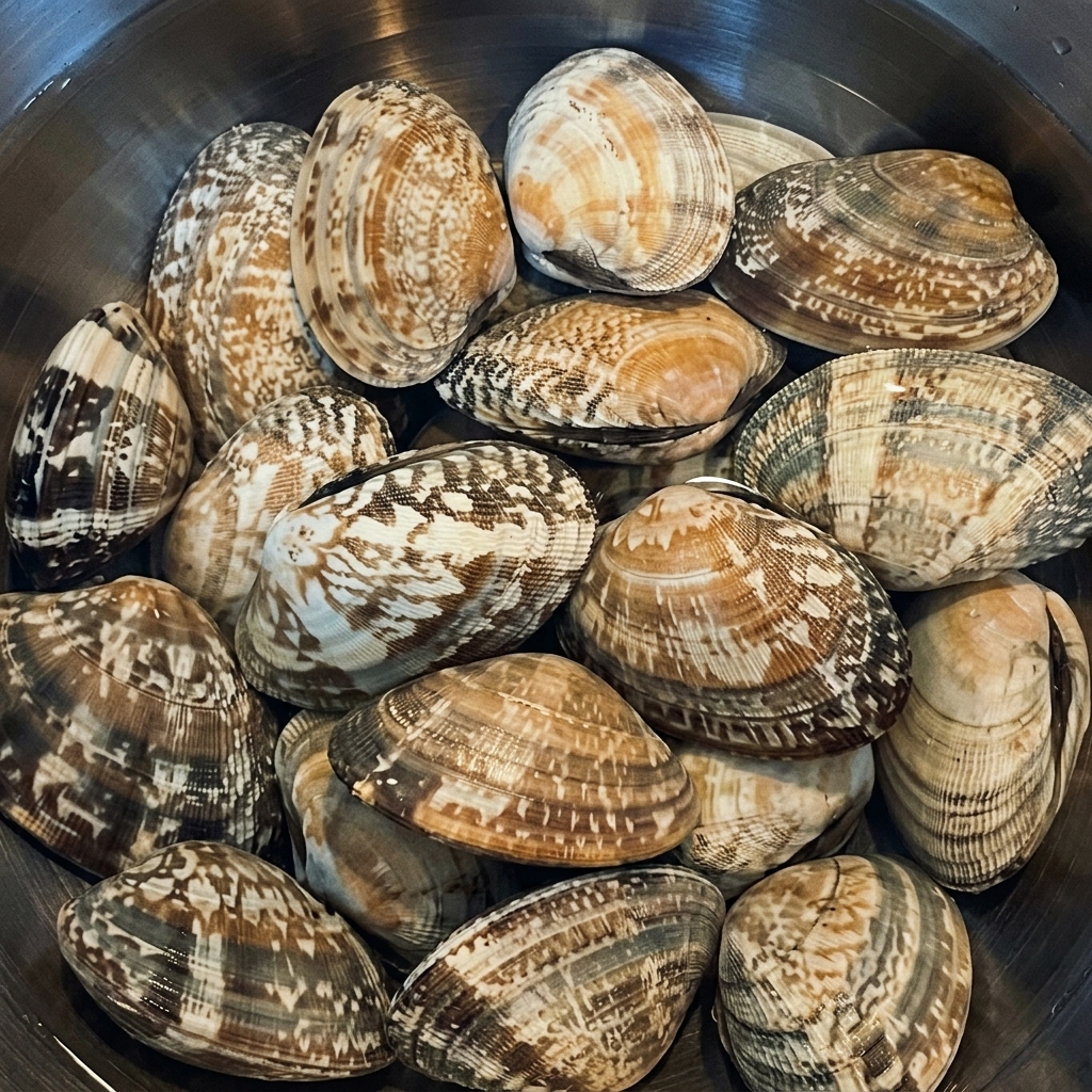 Palourdes fraîches entières plongées dans un bol en acier inoxydable rempli deau salée claire.