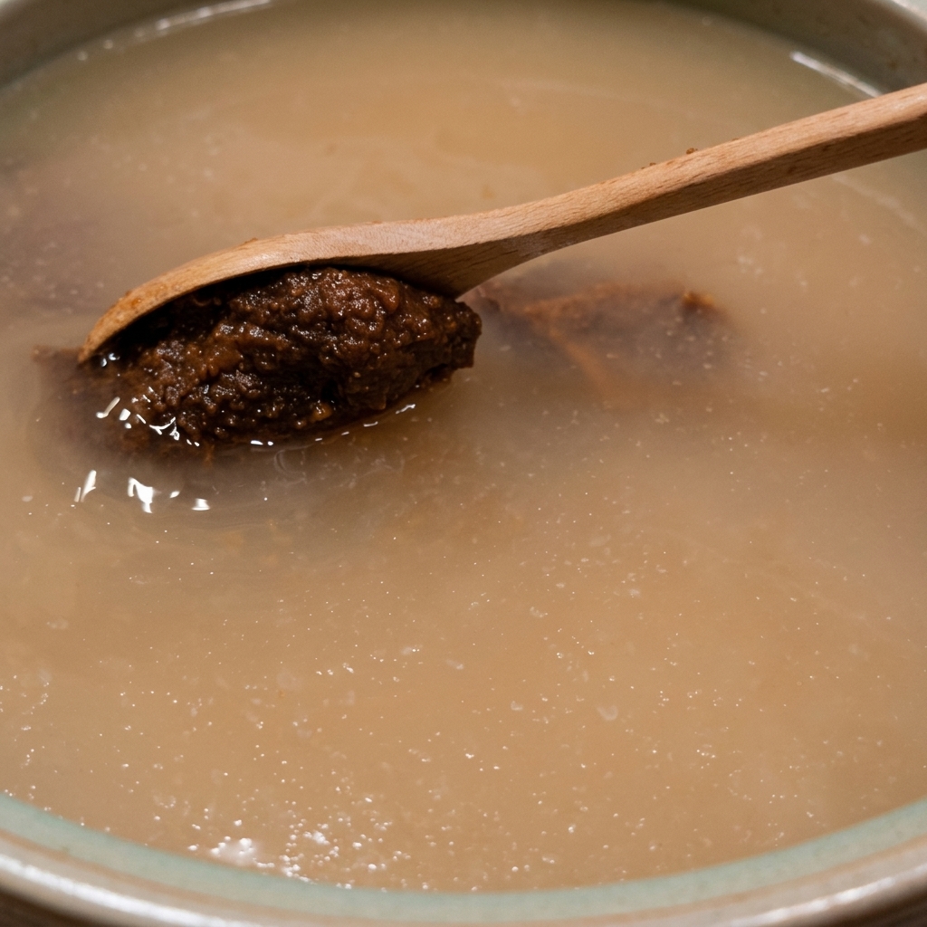 Une cuillère en bois retenant une portion de pâte de soja coréenne brun foncé au-dessus dun bouillon trouble qui mijote.
