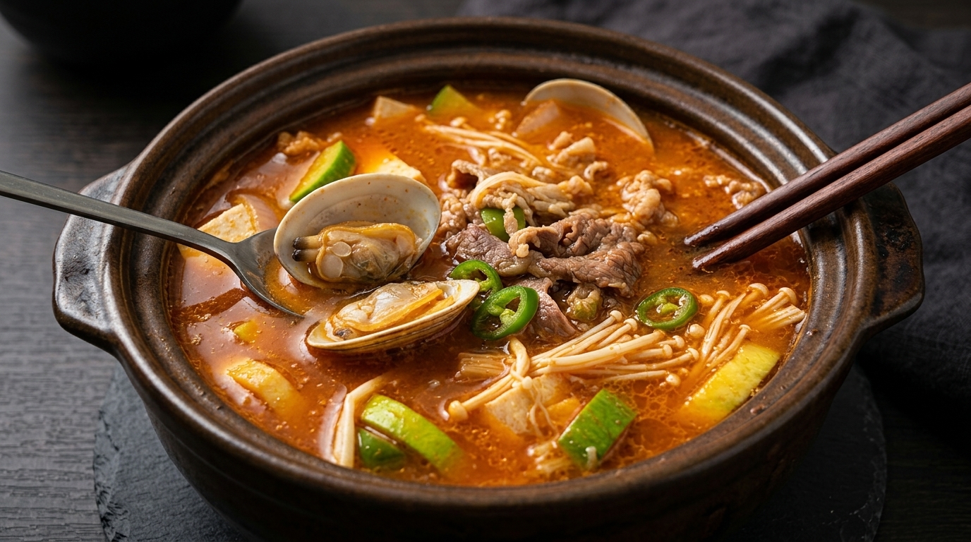 Doenjang Jjigae coréen classique (Ragoût de pâte de soja au bœuf et aux palourdes)