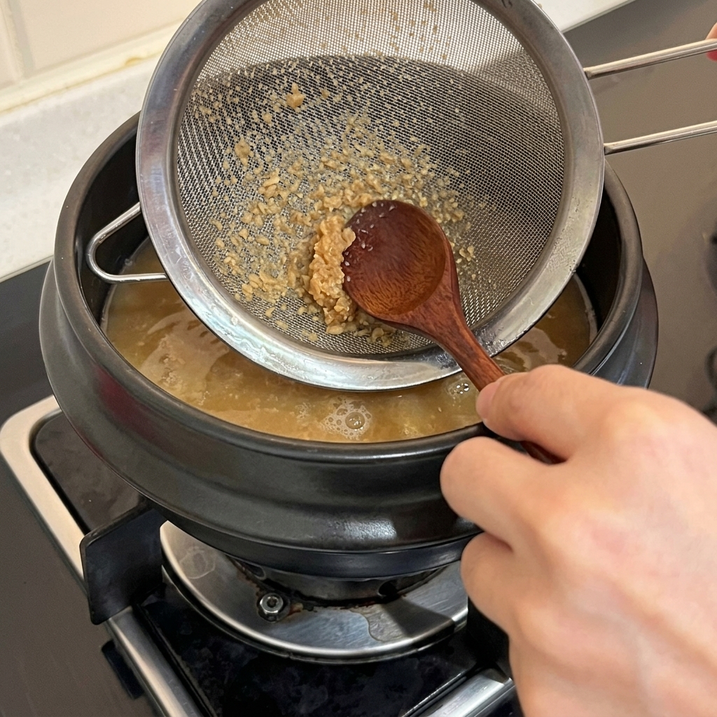 Une main utilisant une cuillère en bois pour dissoudre la pâte de soja coréenne à travers une passoire métallique au-dessus dune marmite deau.