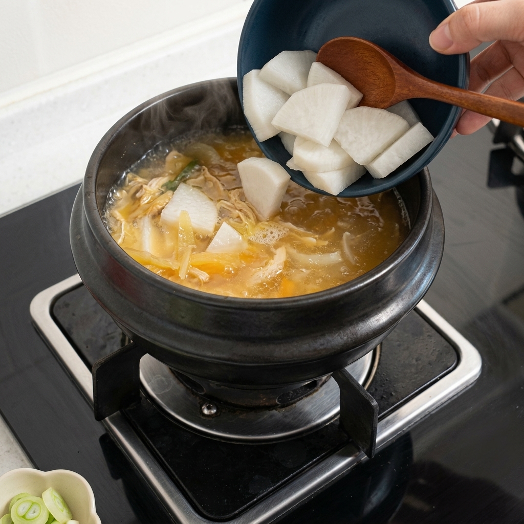 Des tranches de radis blanc versées depuis un bol dans une marmite frémissante de bouillon marron savoureux.
