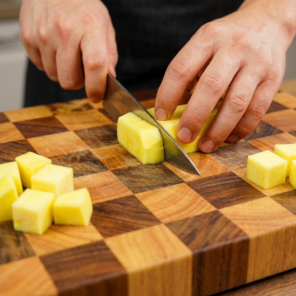 Un chef coupant une courgette jaune en petits dés sur une planche à découper en bois quadrillée.