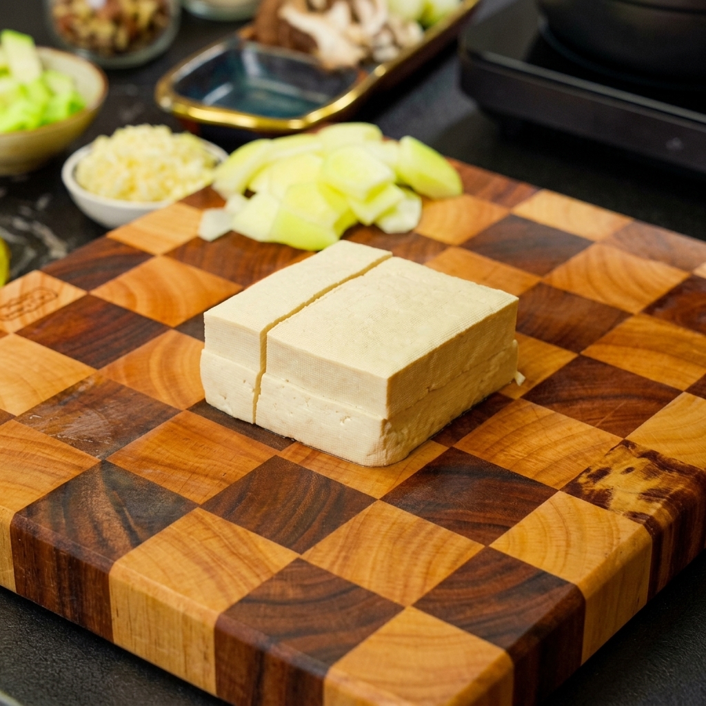 Un bloc de tofu blanc en train dêtre coupé en sections sur une planche à découper en bois quadrillée.