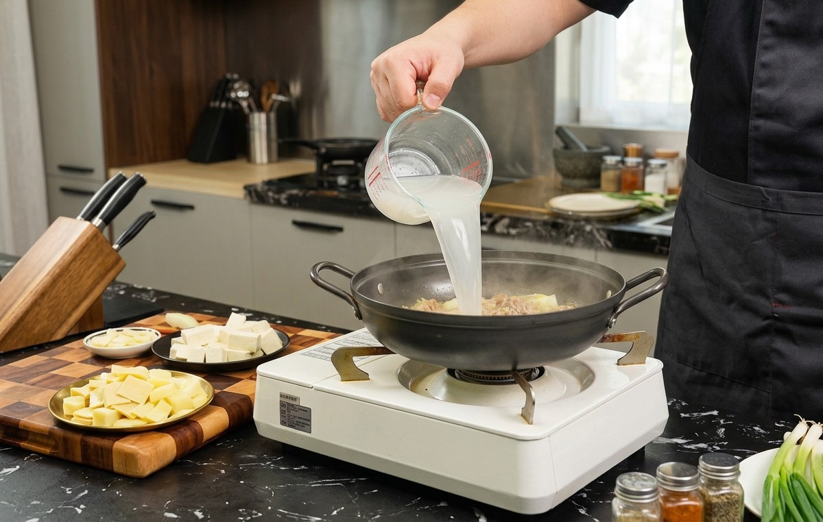 Eau de riz féculente et trouble versée depuis un pichet doseur transparent dans une marmite noire sur un réchaud portable.