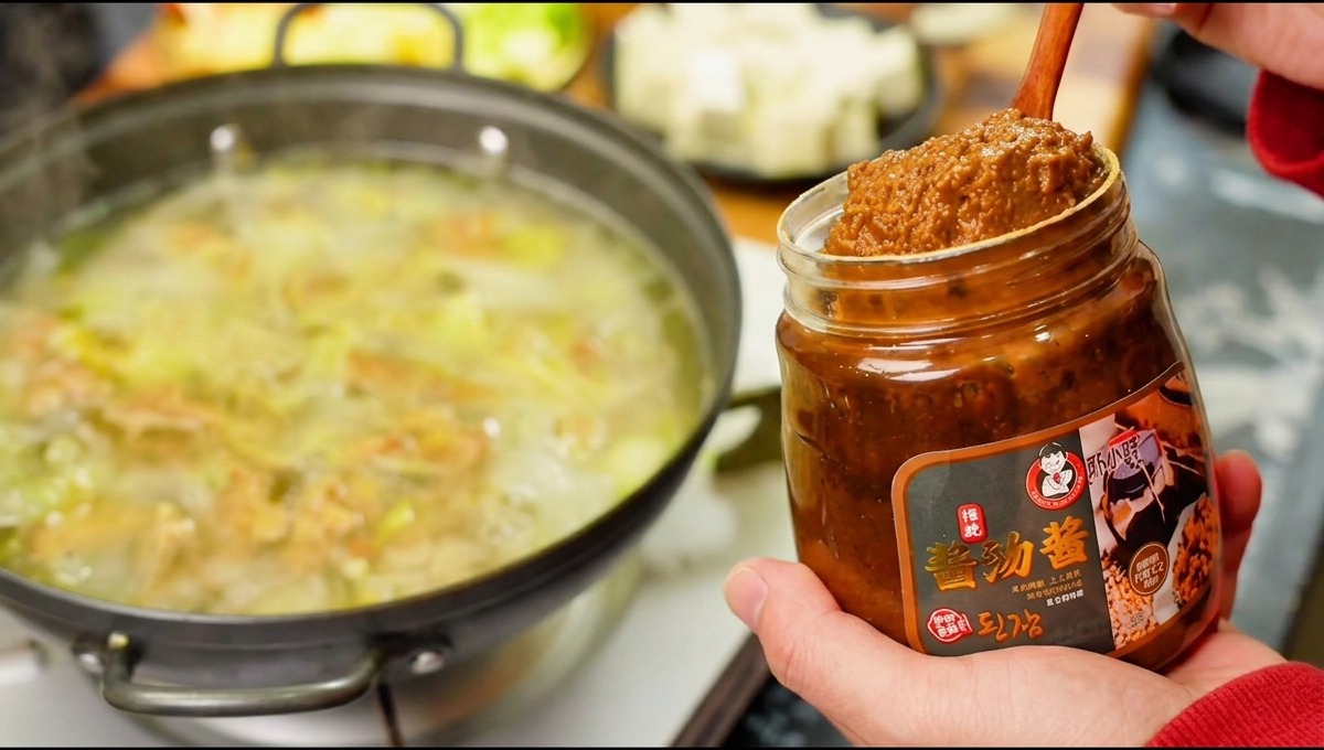 Une cuillère en bois retenant une généreuse portion de pâte de soja coréenne près dun pot, avec une marmite qui mijote à larrière-plan.