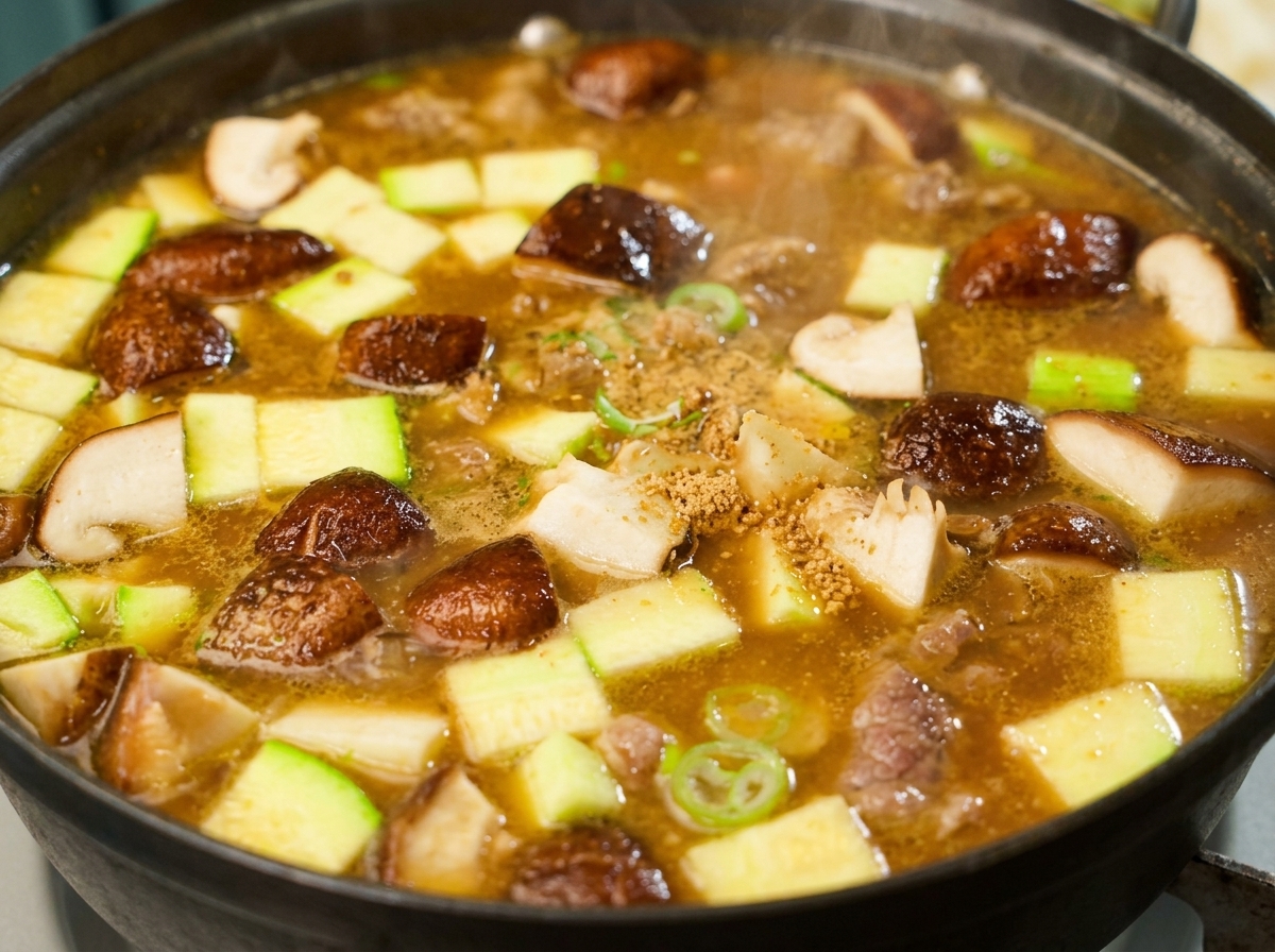 Une cuillère dail haché et de bouillon de bœuf en poudre ajoutée dans une marmite de ragoût de soja coréen garnie de courgettes et de shiitakes.