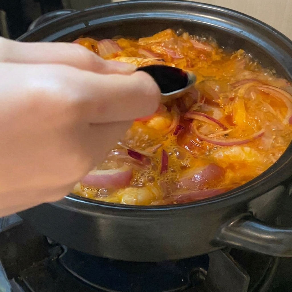 Une main utilisant une cuillère pour verser un assaisonnement liquide foncé dans un bouillon de soupe orange-rouge bouillonnant rempli doignons et de crevettes.