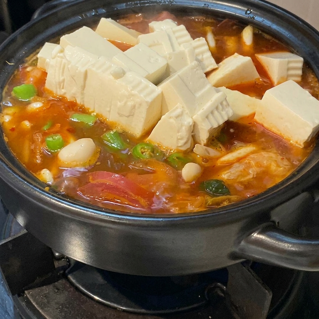 Gros cubes de tofu blanc soyeux alignés proprement sur une soupe au kimchi rouge vif frémissante remplie de piments verts et doignons émincés.