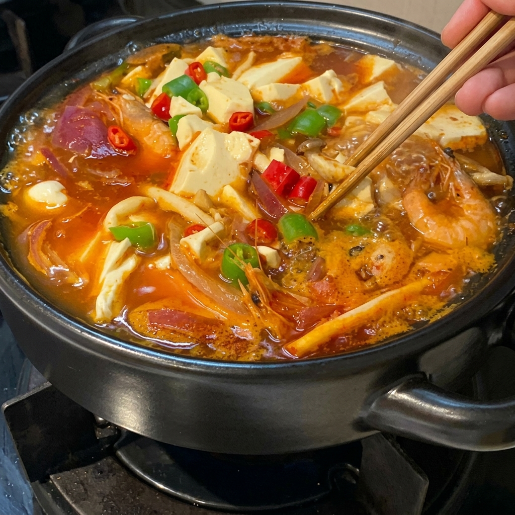 Une marmite en terre cuite terminée contenant une soupe au kimchi rouge en ébullition avec des cubes de tofu soyeux, des crevettes et des oignons rouges, garnie de piments verts et rouges émincés et ajustée avec des baguettes en bois.