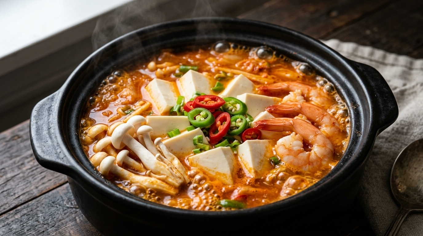 Ragoût de Tofu Soyeux au Kimchi et Crevettes (Soondubu Jjigae)