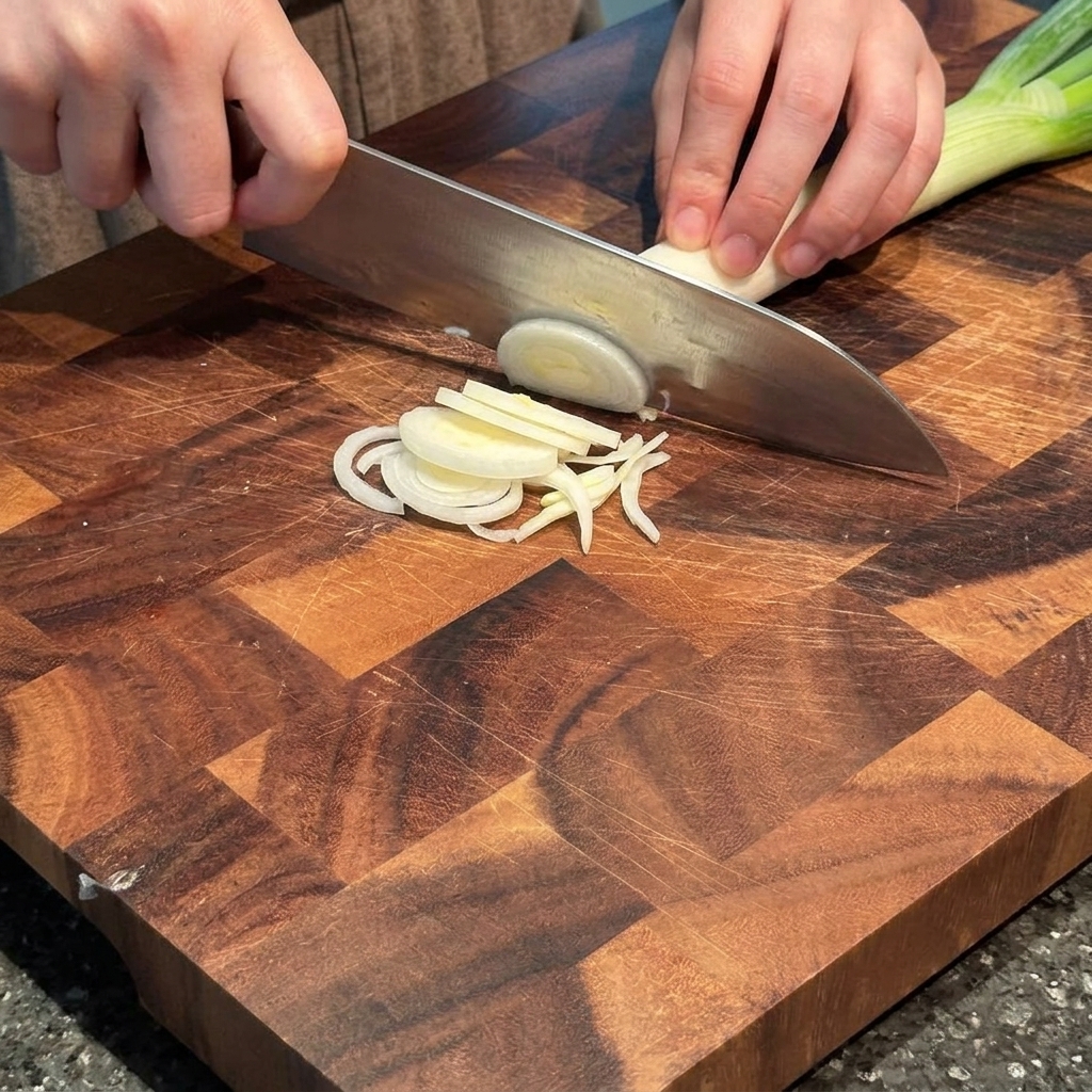 Mains éminçant des oignons verts en fines lanières sur une planche à découper en bois avec un couteau de chef.