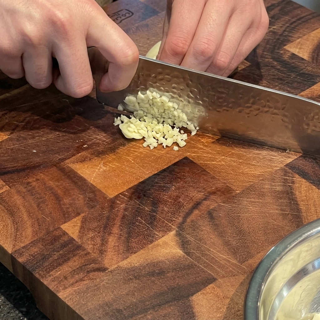 Mains hachant finement des gousses dail frais sur une planche à découper en bois.