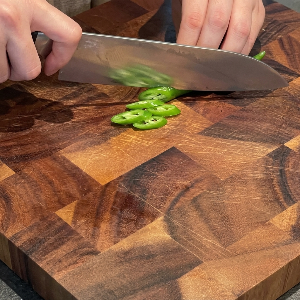 Mains tranchant des piments verts en biais sur une planche à découper en bois.