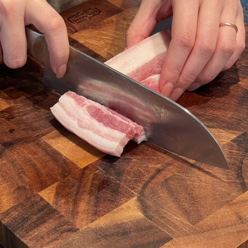 Mains coupant un morceau de poitrine de porc crue en morceaux épais de la taille dune bouchée sur une planche en bois.