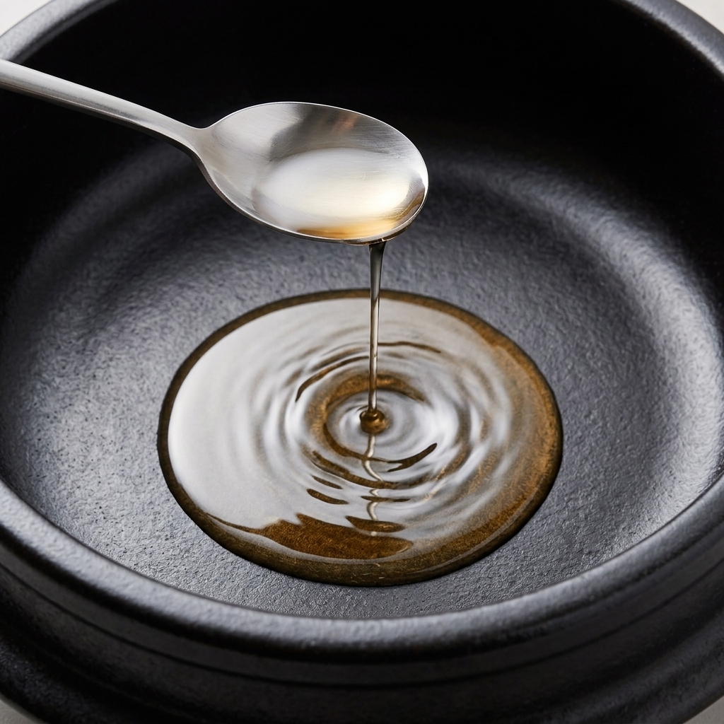 Huile végétale et huile de sésame versées depuis une cuillère en inox dans une marmite en pierre noire.