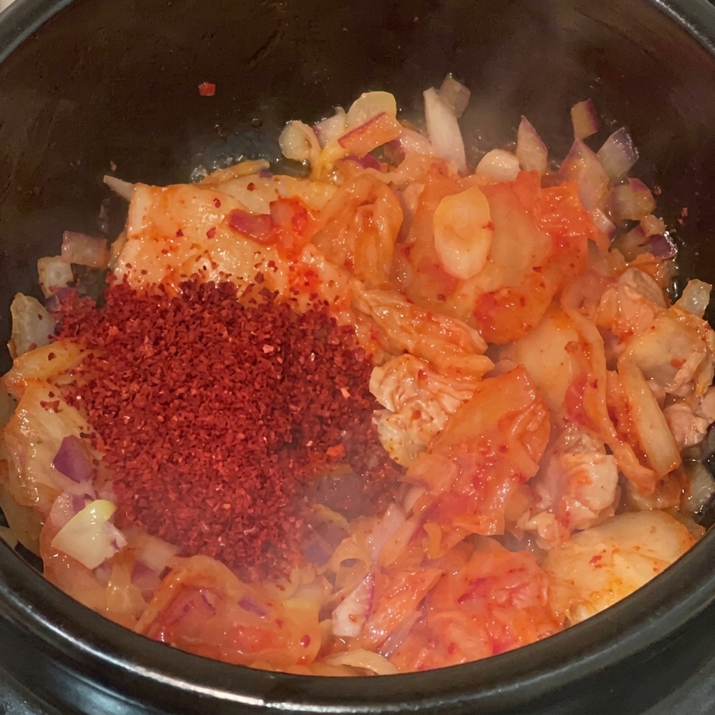 Un tas coloré de piment en poudre fin et grossier déposé sur le kimchi et le porc dans une marmite.