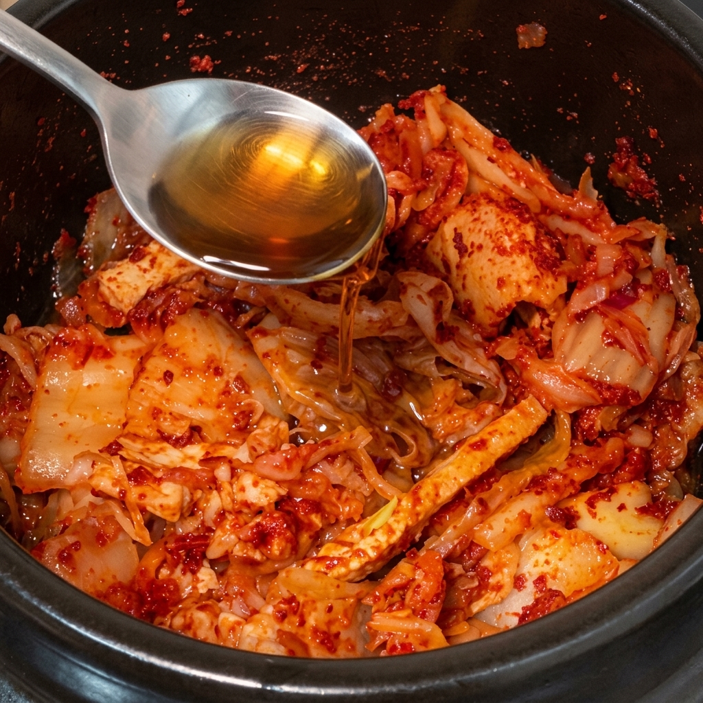 Une cuillère en métal versant un liquide ambré dans une marmite remplie de kimchi rouge et de morceaux de porc sautés.