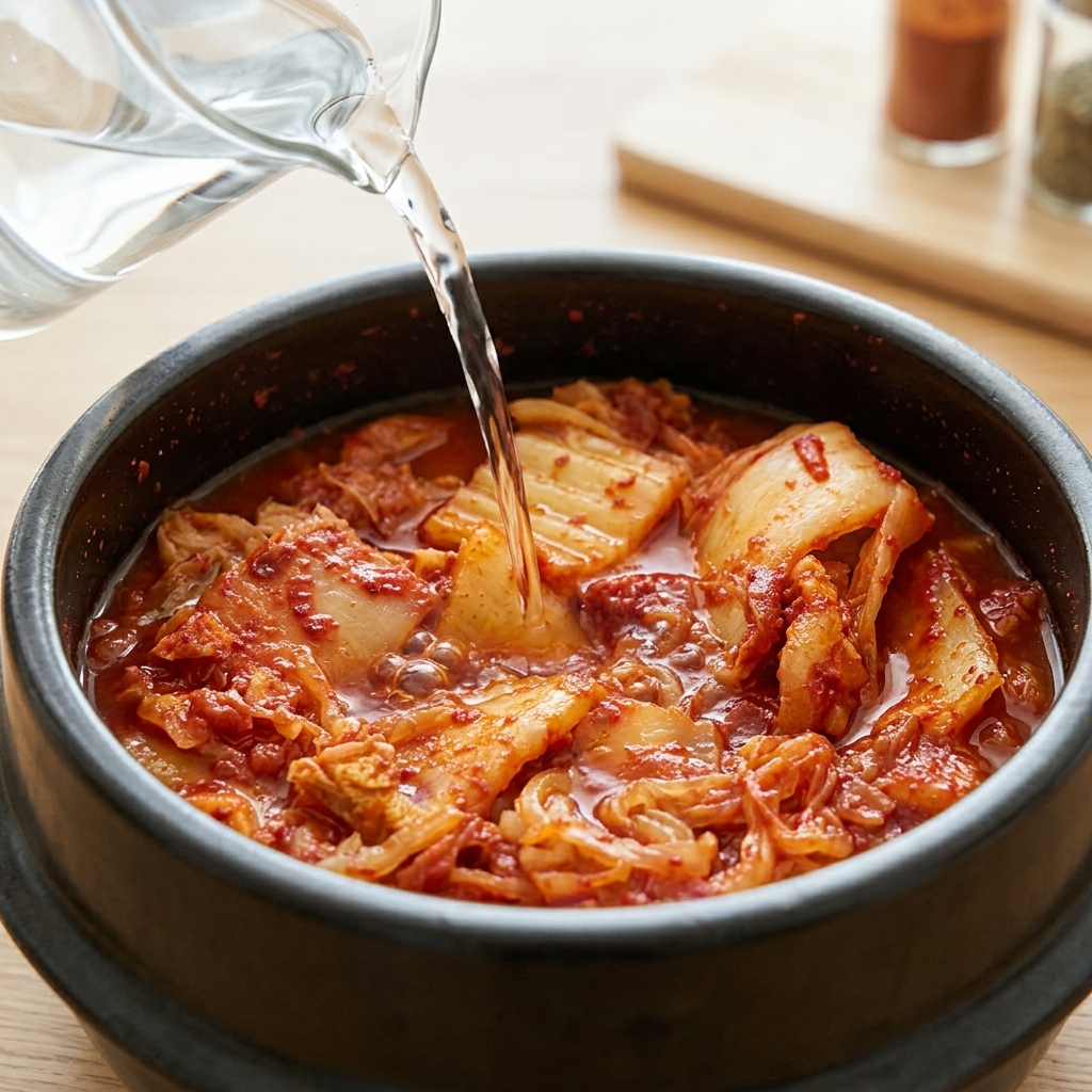 De leau chaude versée depuis une carafe dans une marmite en terre cuite contenant le ragoût de kimchi frémissant.