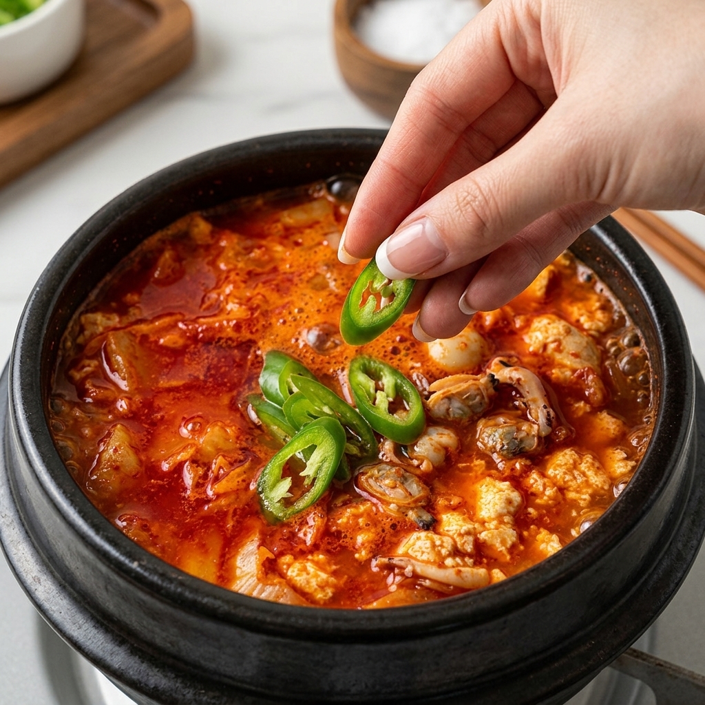 Gros plan sur une main jetant des rondelles de piment vert dans une marmite bouillante de soupe rouge au kimchi et tofu.