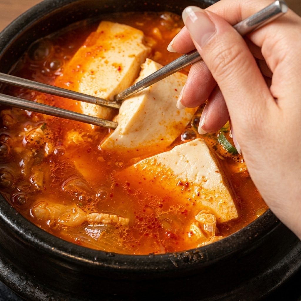Une main parsemant du vert doignon et des paillettes dalgues sur une soupe de tofu rouge frémissante dans une marmite en terre.