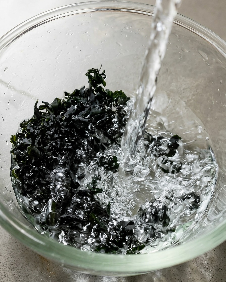 De leau tiède versée dans un bol en verre contenant des morceaux dalgues séchées sombres.