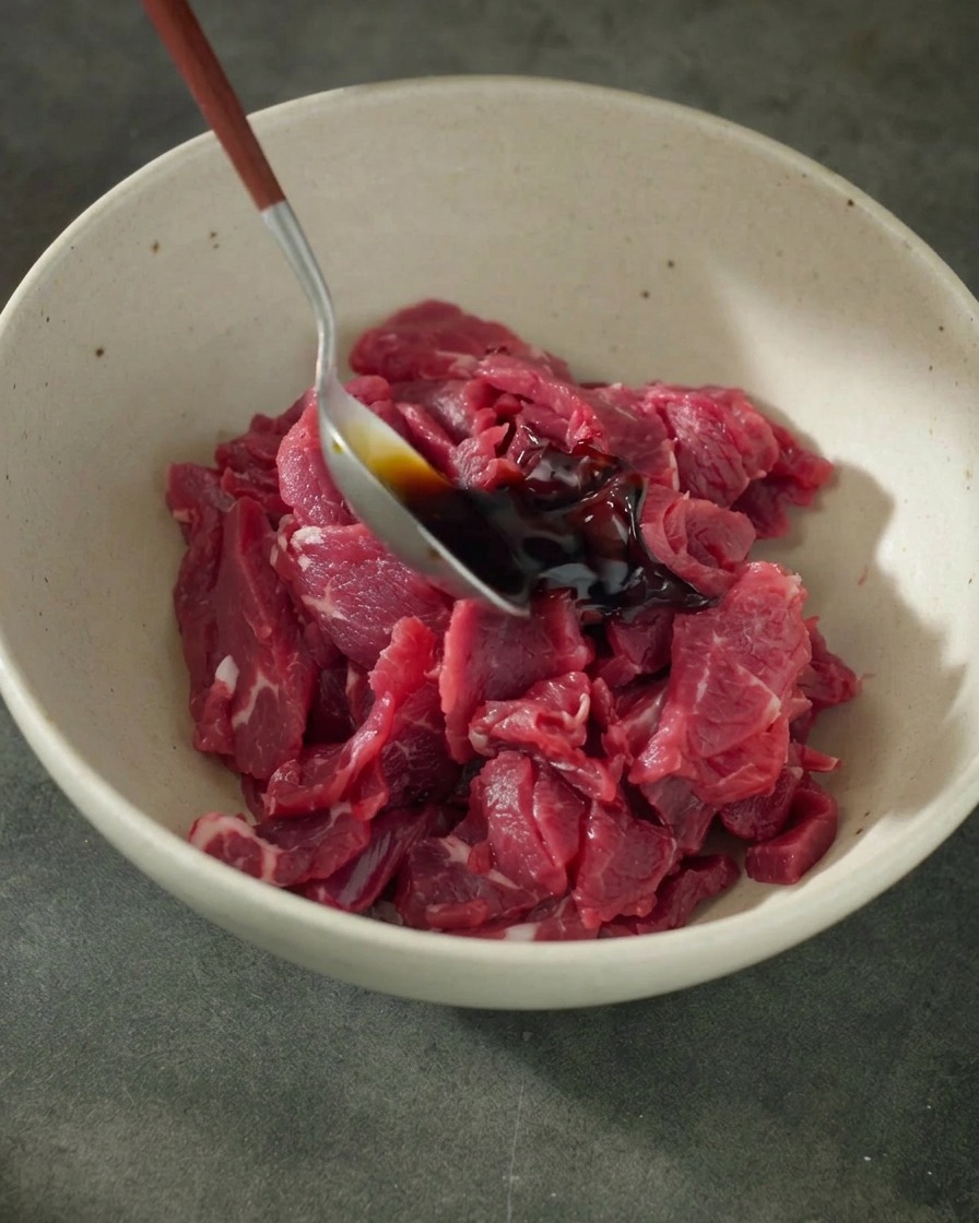 Une cuillère versant de la sauce soja et de la sauce huître sur du bœuf cru en lamelles dans un bol.