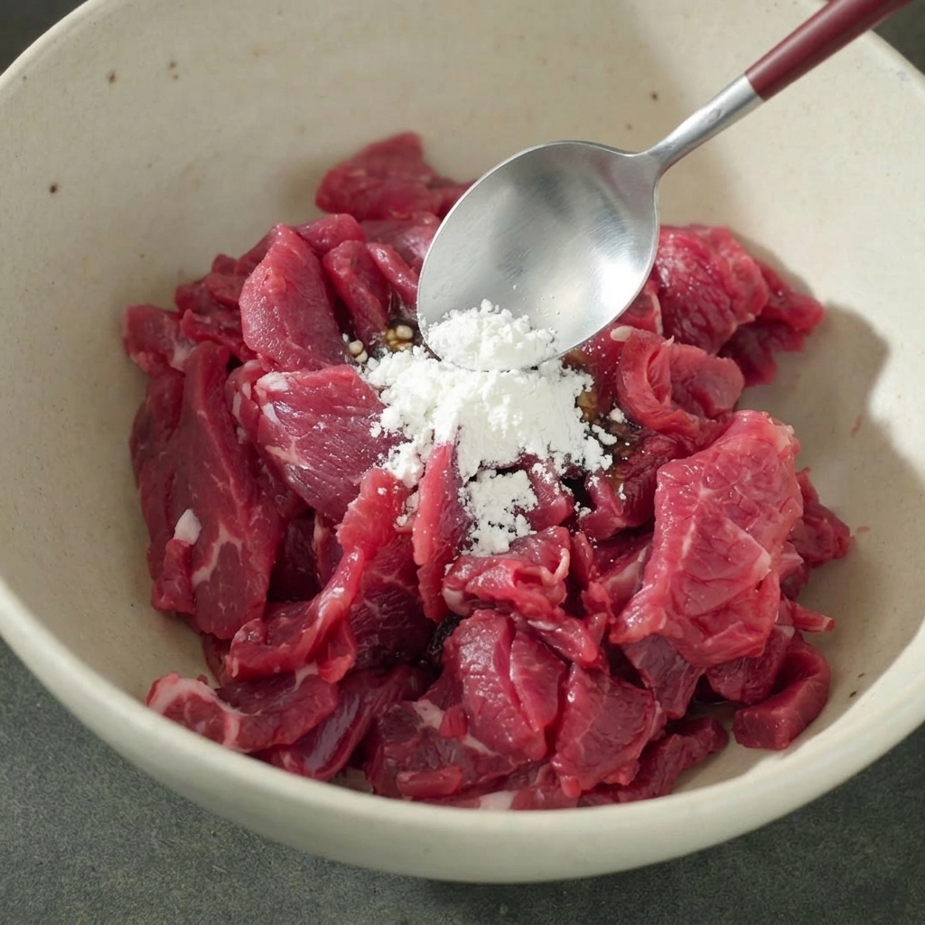 Une cuillère ajoutant un tas de fécule de maïs et de poivre blanc sur le bœuf mariné.