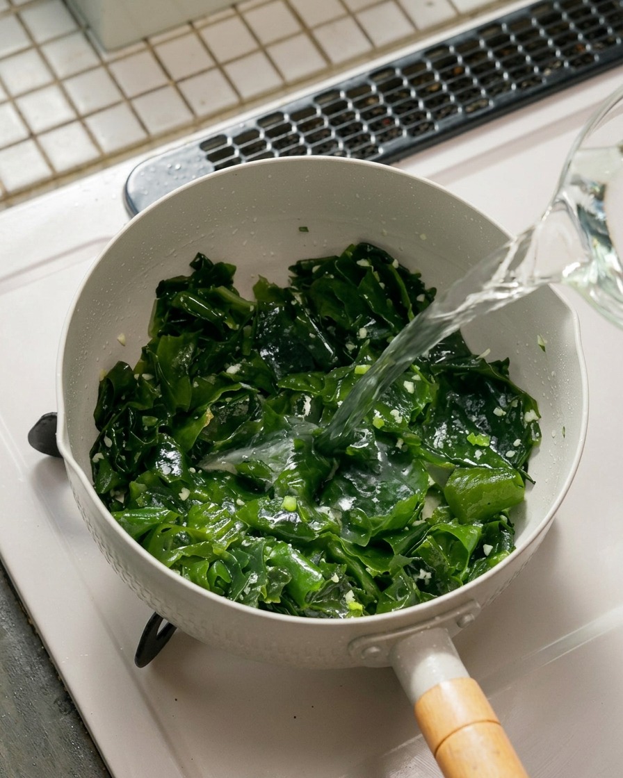 Eau versée dans une casserole contenant les algues et lail sauté.