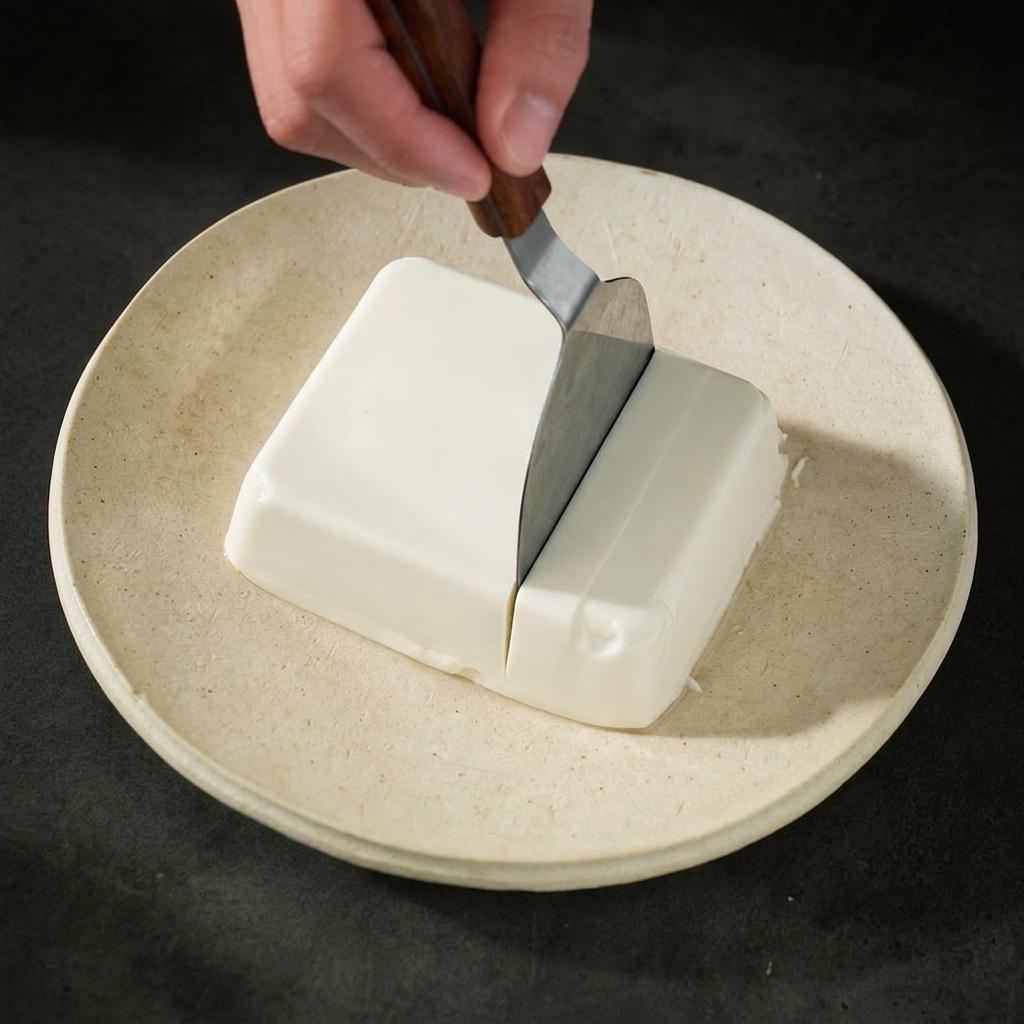 Une spatule coupant un bloc de tofu soyeux blanc en cubes sur une assiette.