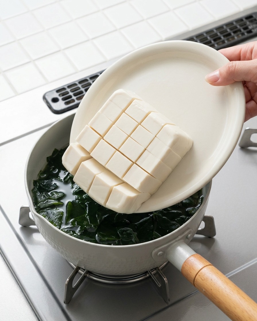Une assiette de cubes de tofu glissée doucement dans une casserole de soupe bouillante.