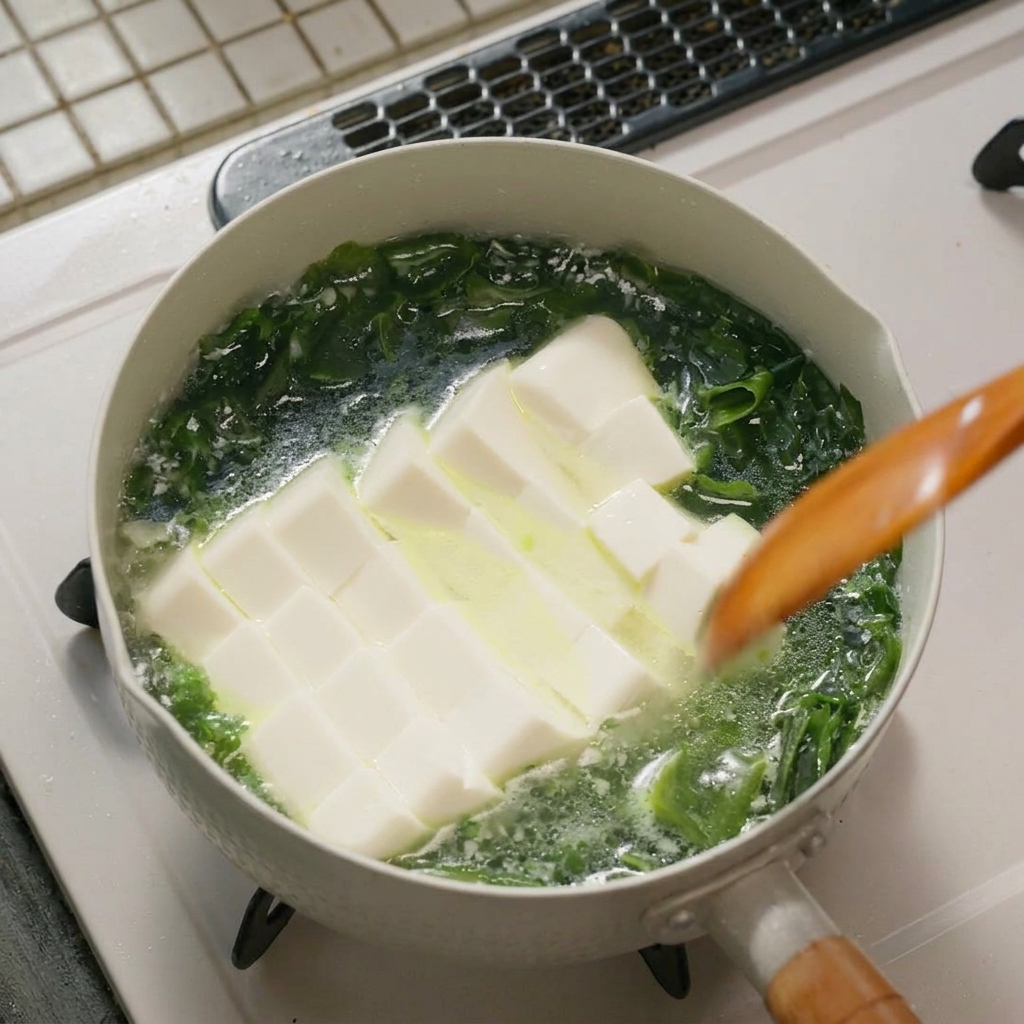 Une spatule en bois remuant doucement le tofu et les algues dans un bouillon bouillonnant.