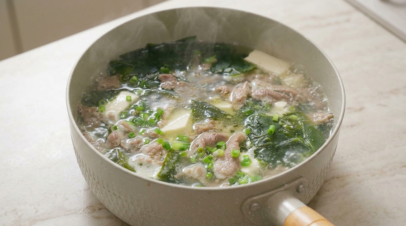 Soupe savoureuse aux algues, bœuf et tofu soyeux