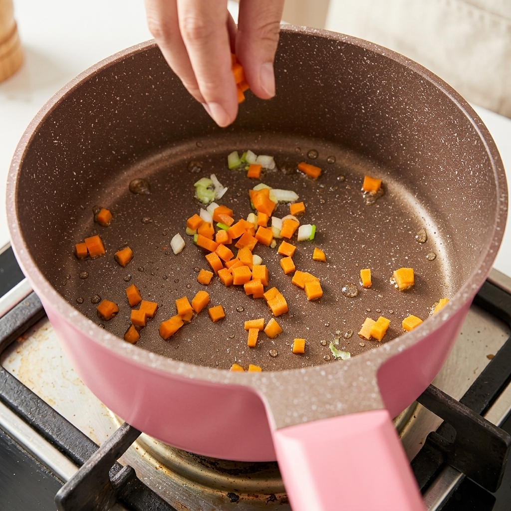 Carottes en dés et blancs doignon vert en train de revenir à la poêle.