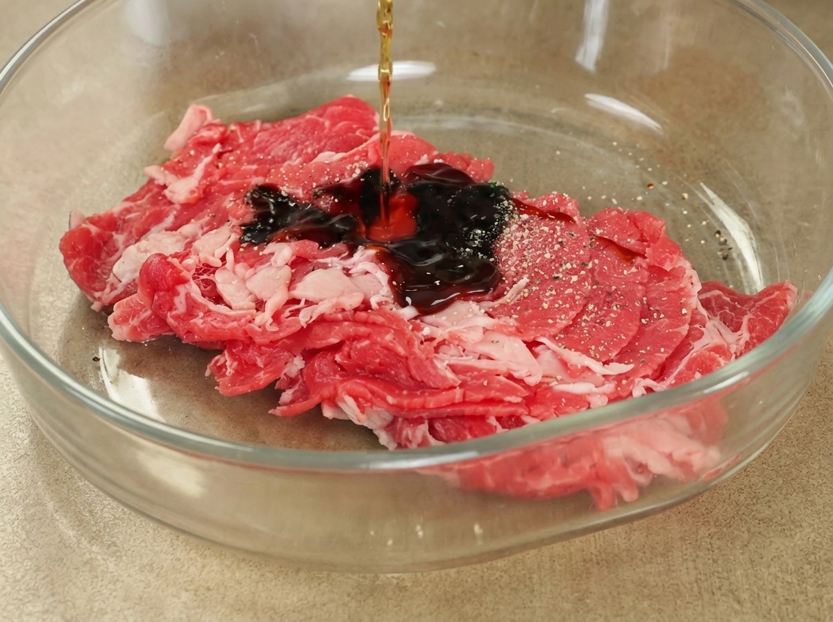 De la sauce soja noire versée sur les tranches de bœuf dans un bol.