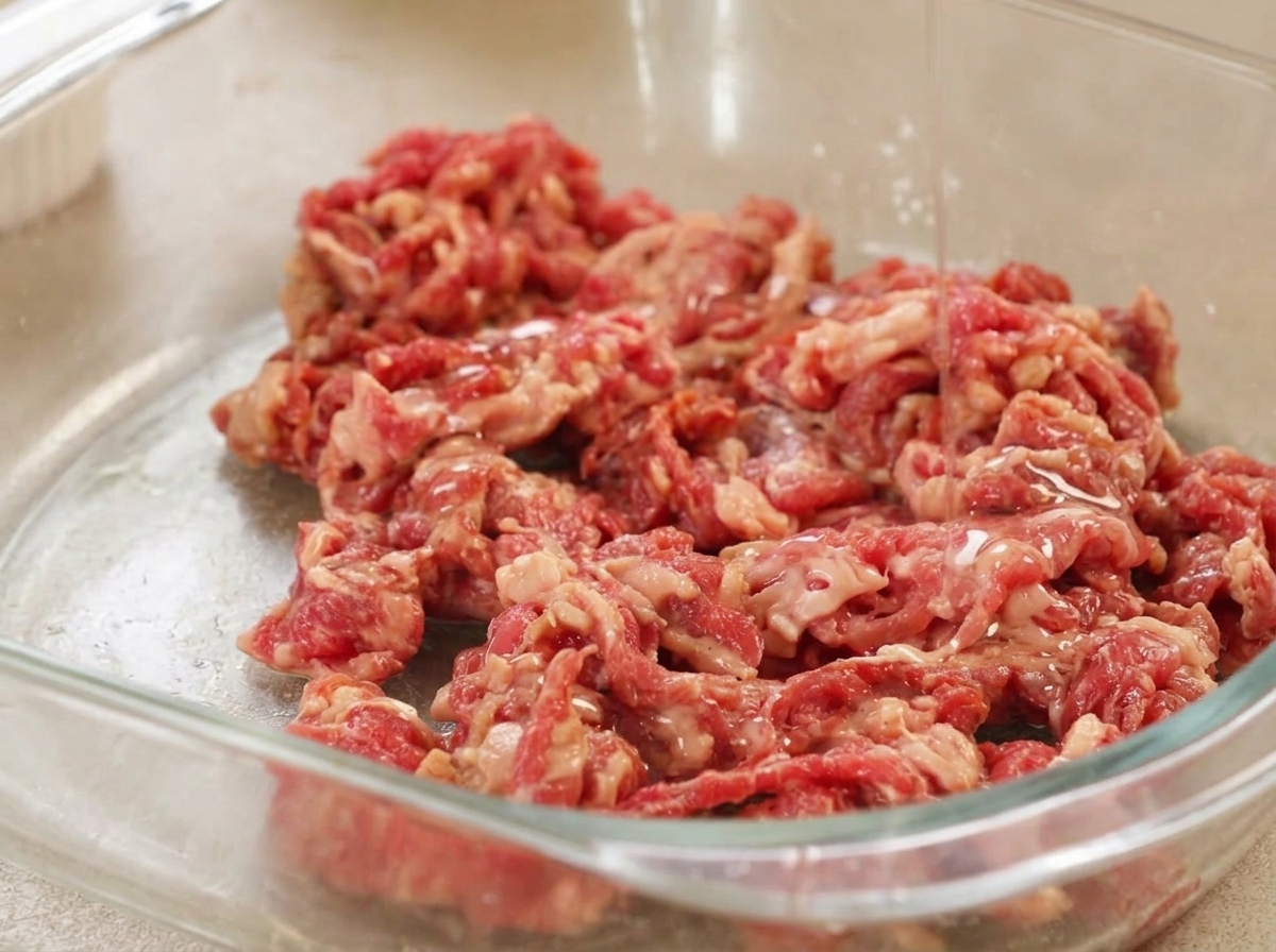 Filet dhuile versé sur le bœuf mariné dans un bol.