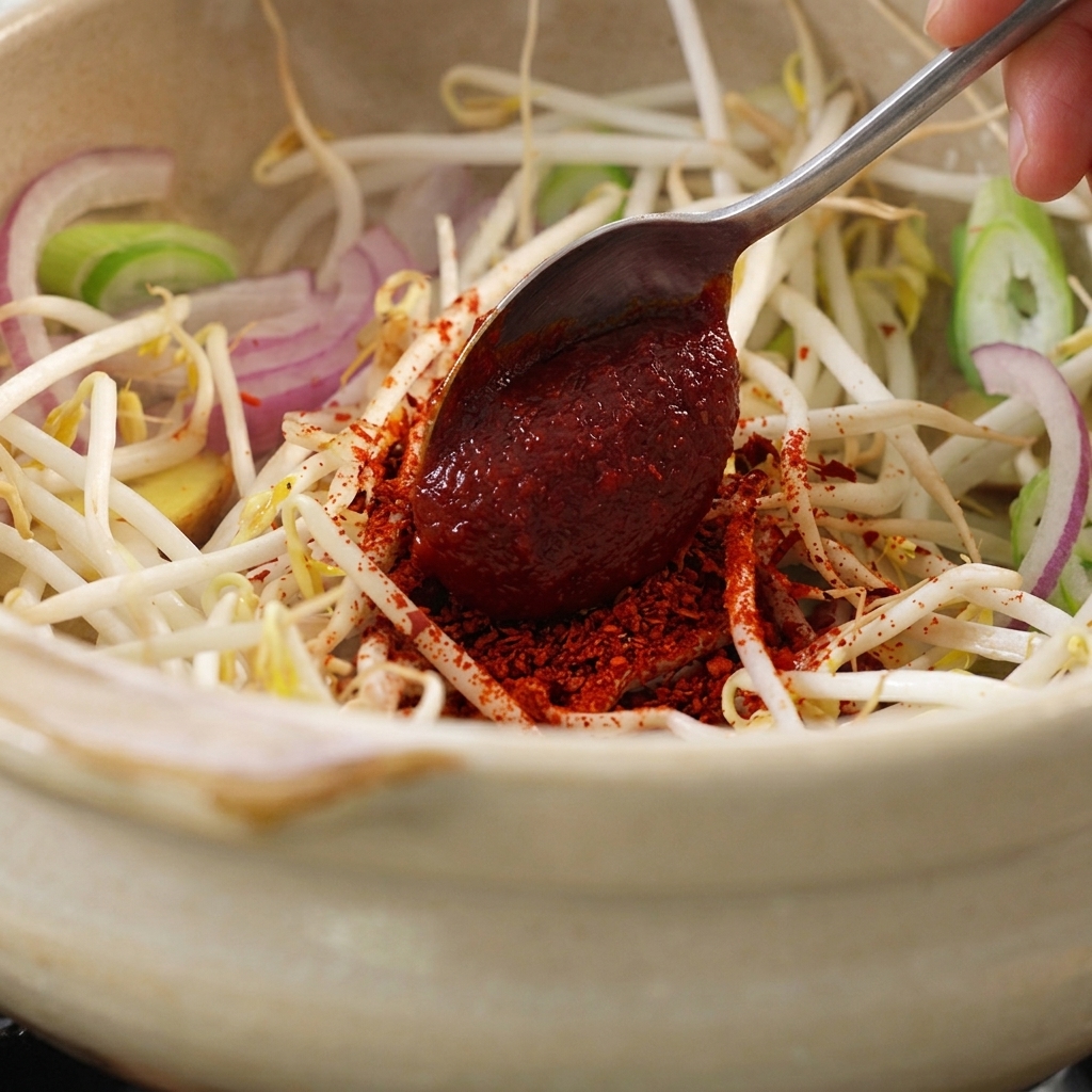 Cuillère de pâte de piment coréenne ajoutée sur les légumes.