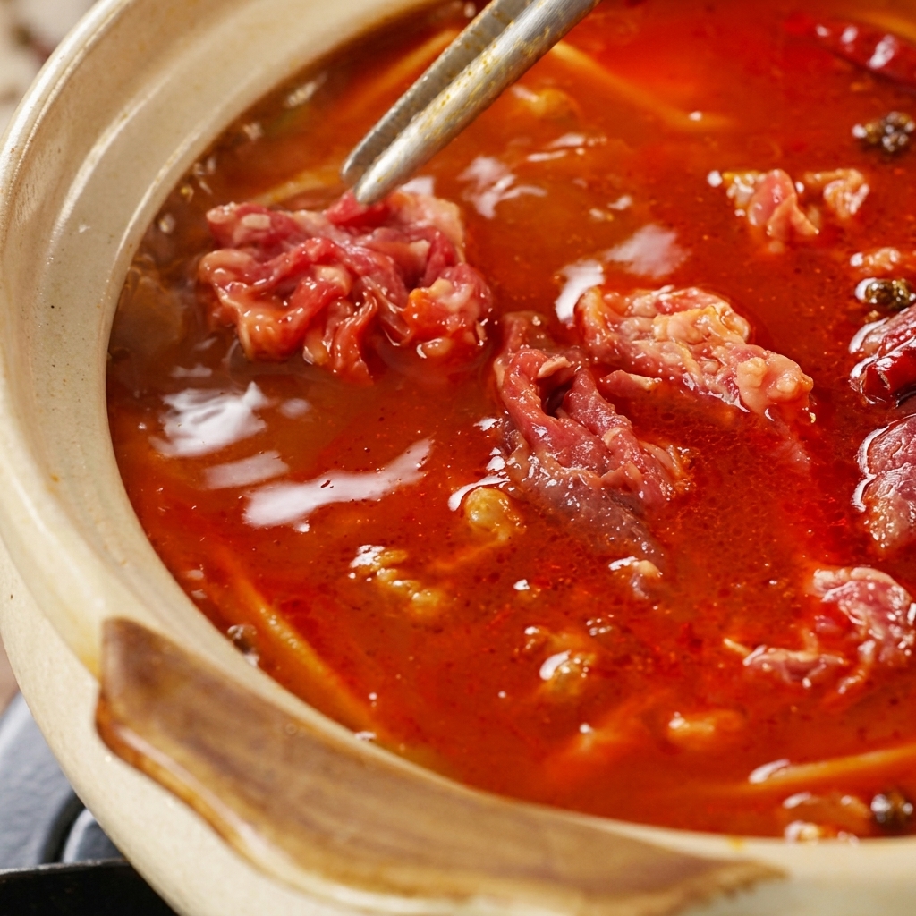 Pinces métalliques déposant les tranches de bœuf dans la soupe bouillante.